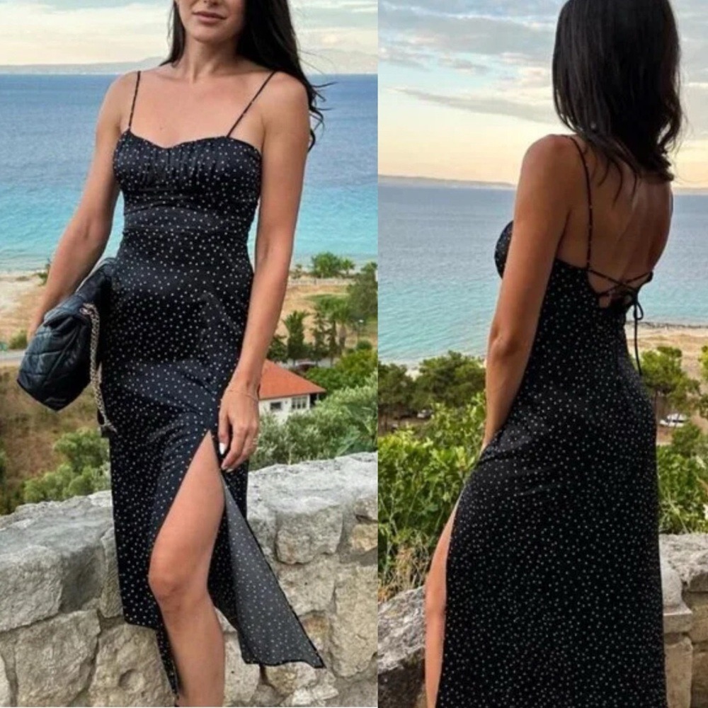 Zara Satin Effect Polka Dot Midi Dress Black White Size Medium